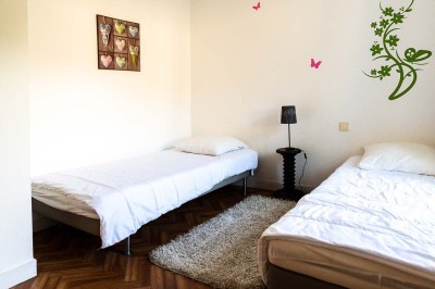 Pelouse verdoyante entourée de grands arbres sous un ciel partiellement nuageux.