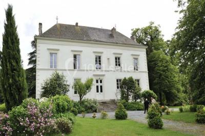 Étang calme entouré d'arbres avec un bâtiment blanc visible en arrière-plan sous un ciel bleu.