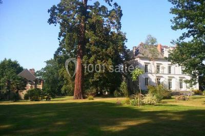 Étang calme entouré d'arbres avec un bâtiment blanc visible en arrière-plan sous un ciel bleu.