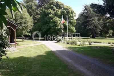 Étang calme entouré d'arbres avec un bâtiment blanc visible en arrière-plan sous un ciel bleu.