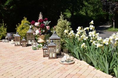 Miniature Location salle Liergues (Rhône) - Domaine du Passeloup #27 Allée bordée de pelouse et d'arbres taillés, sous un ciel dégagé dans un jardin verdoyant.