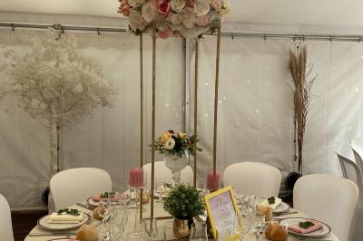 Miniature Location salle Saint-Léger-en-Bray (Oise) - Domaine du Colombier #20 Décoration festive sous une tente avec arche lumineuse, sapins de Noël, guirlandes et sol en bois.