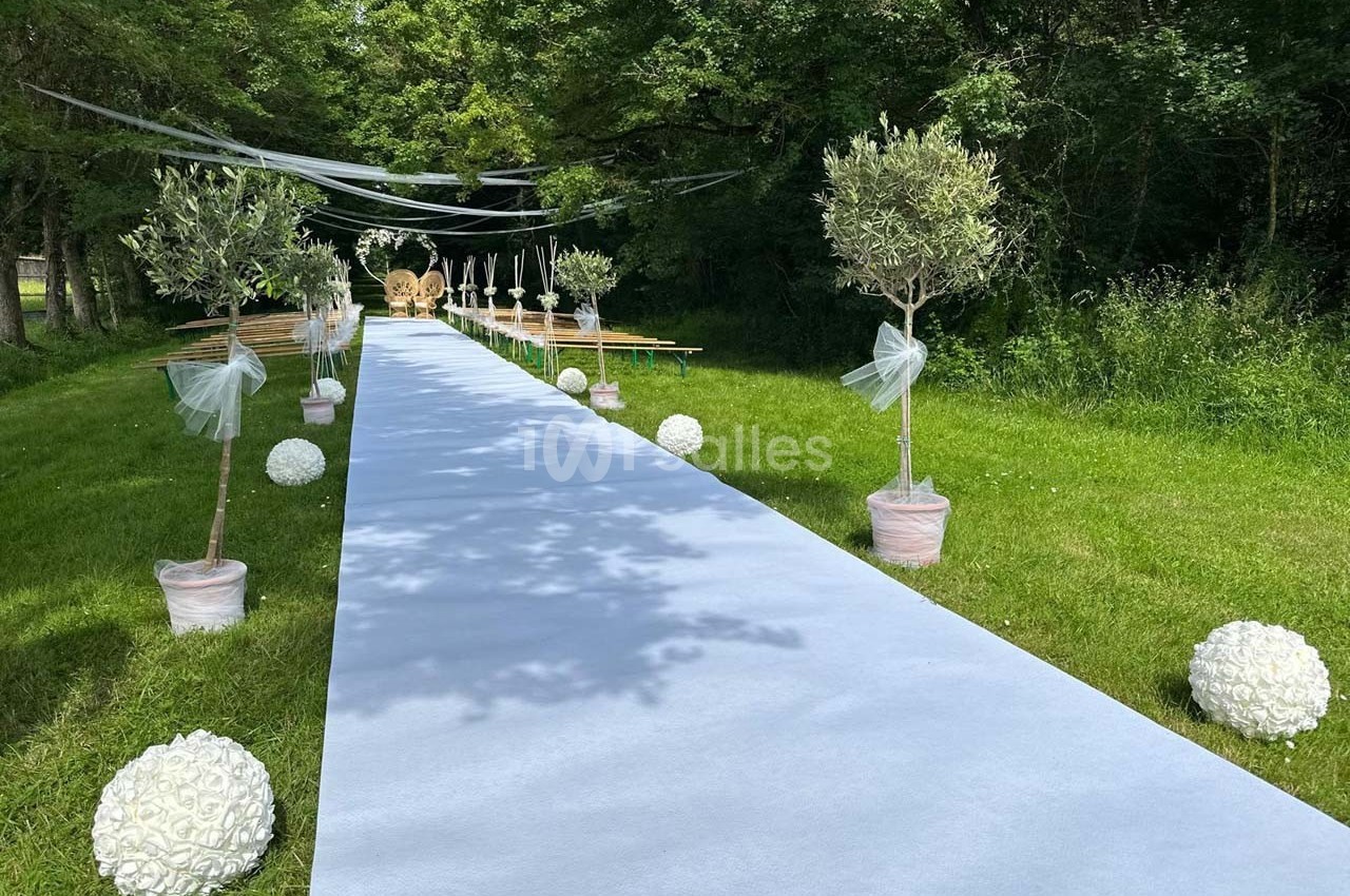 Allée extérieure décorée pour un événement, bordée d'arbres en pot et de boules blanches, menant à des sièges.