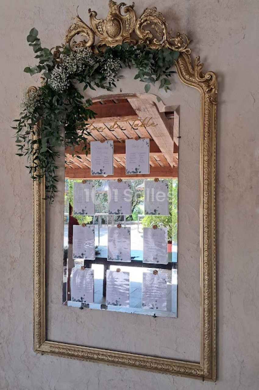 Miroir doré orné de feuillage et fleurs, reflétant des feuilles affichées et un espace extérieur lumineux.