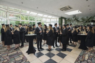 Comptoir de réception en bois avec étagères éclairées contenant des bouteilles et des verres, décoré de plantes séchées.