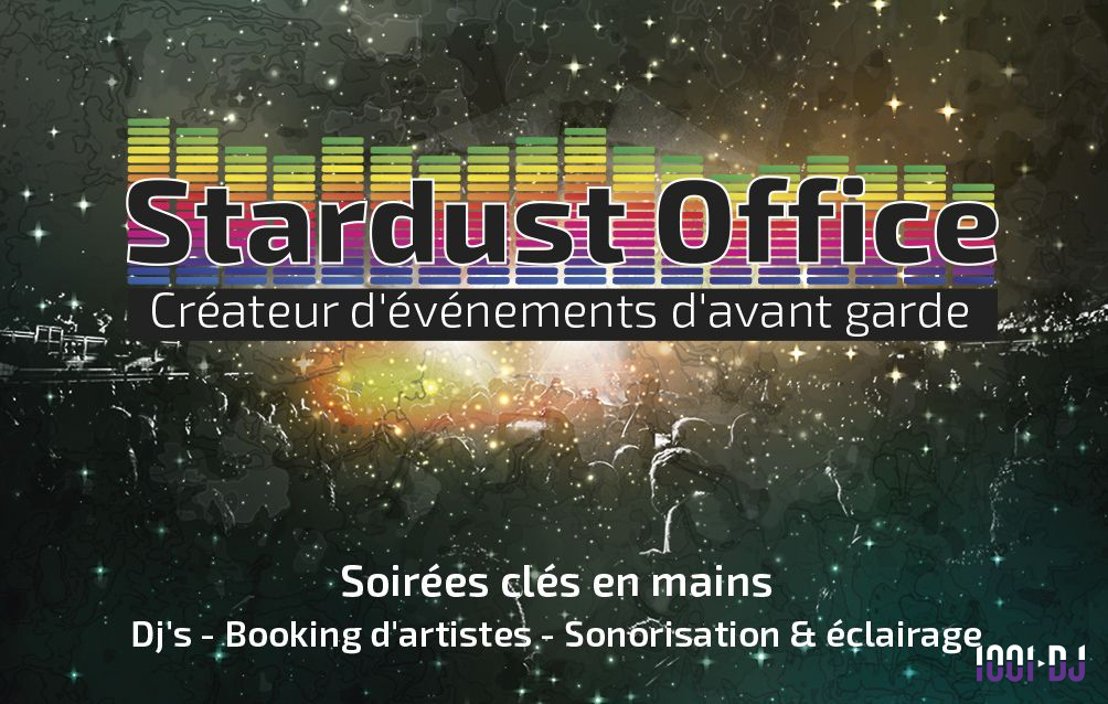 Visuel promotionnel pour Stardust Office, organisateur d'événements, avec foule, lumières et texte sur leurs services.