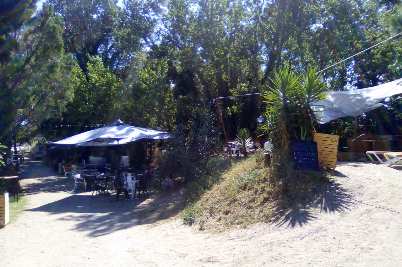 Terrasse ombragée avec tables et chaises en plein air, entourée de végétation et éclairée par des guirlandes.