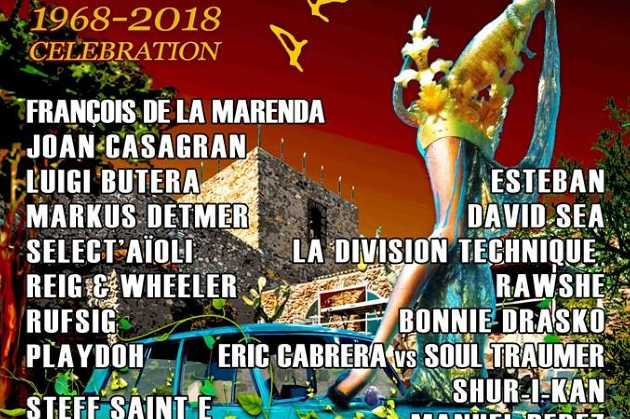 Affiche colorée annonçant le 50e anniversaire du Rachdingue avec une liste d'artistes et la date du 28 juillet.