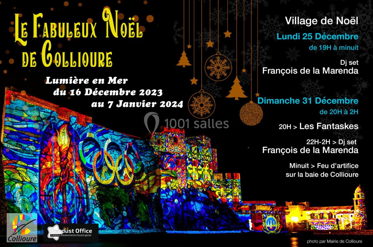 Affiche colorée annonçant les festivités de Noël à Collioure, avec spectacles, DJ et feu d'artifice en bord de mer.