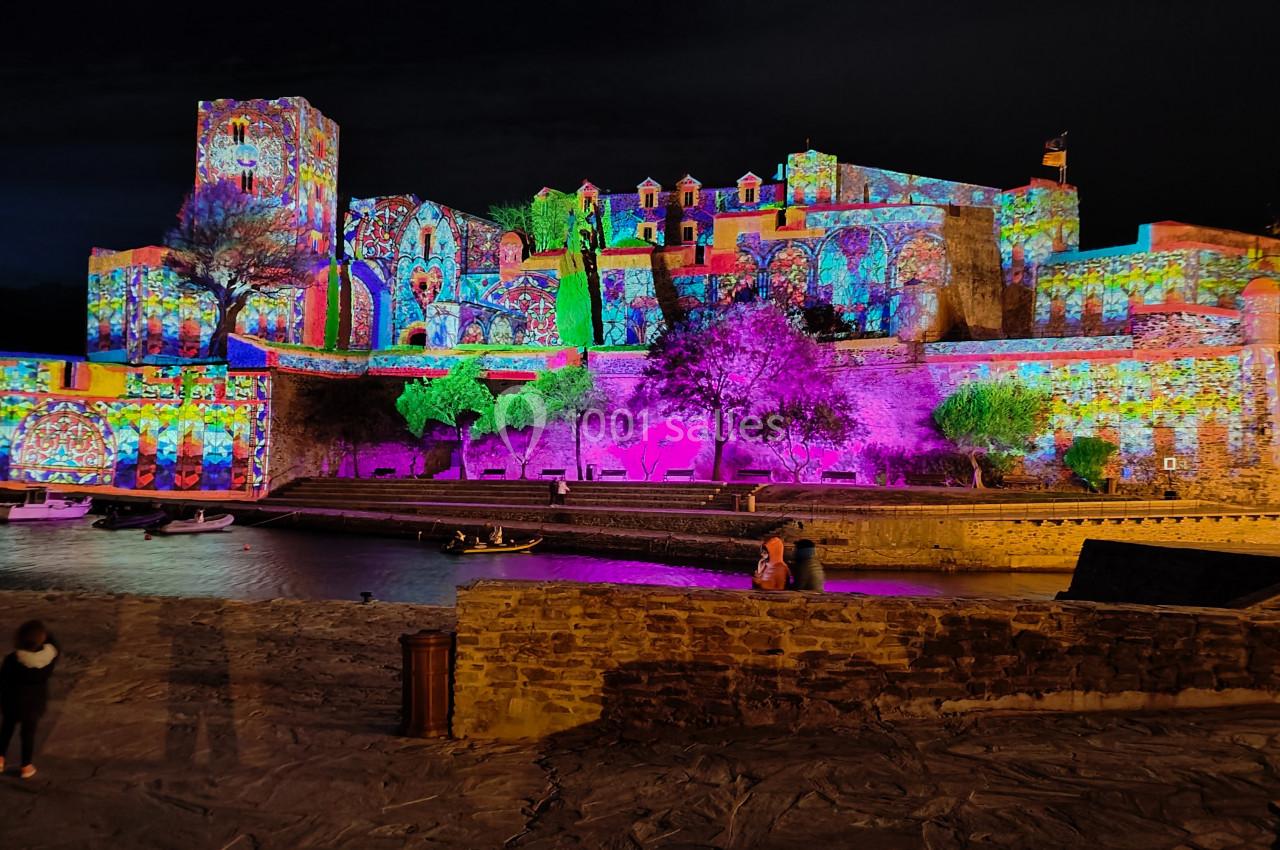 Façade d'un château illuminée par des projections colorées, avec un plan d'eau et des visiteurs au premier plan.