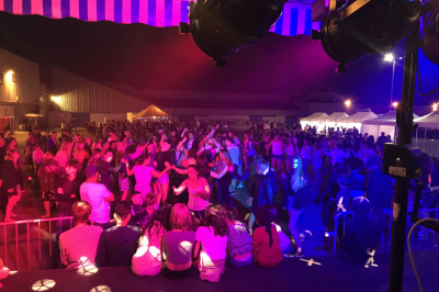 Miniature DJ Bannalec (Finistère) - Big Up Anim #5 Scène décorée avec guirlandes lumineuses, plantes et une table de DJ éclairée en bleu et blanc.