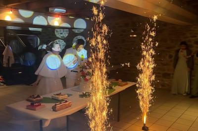 Miniature DJ Bannalec (Finistère) - Big Up Anim #6 Scène décorée avec guirlandes lumineuses, plantes et une table de DJ éclairée en bleu et blanc.