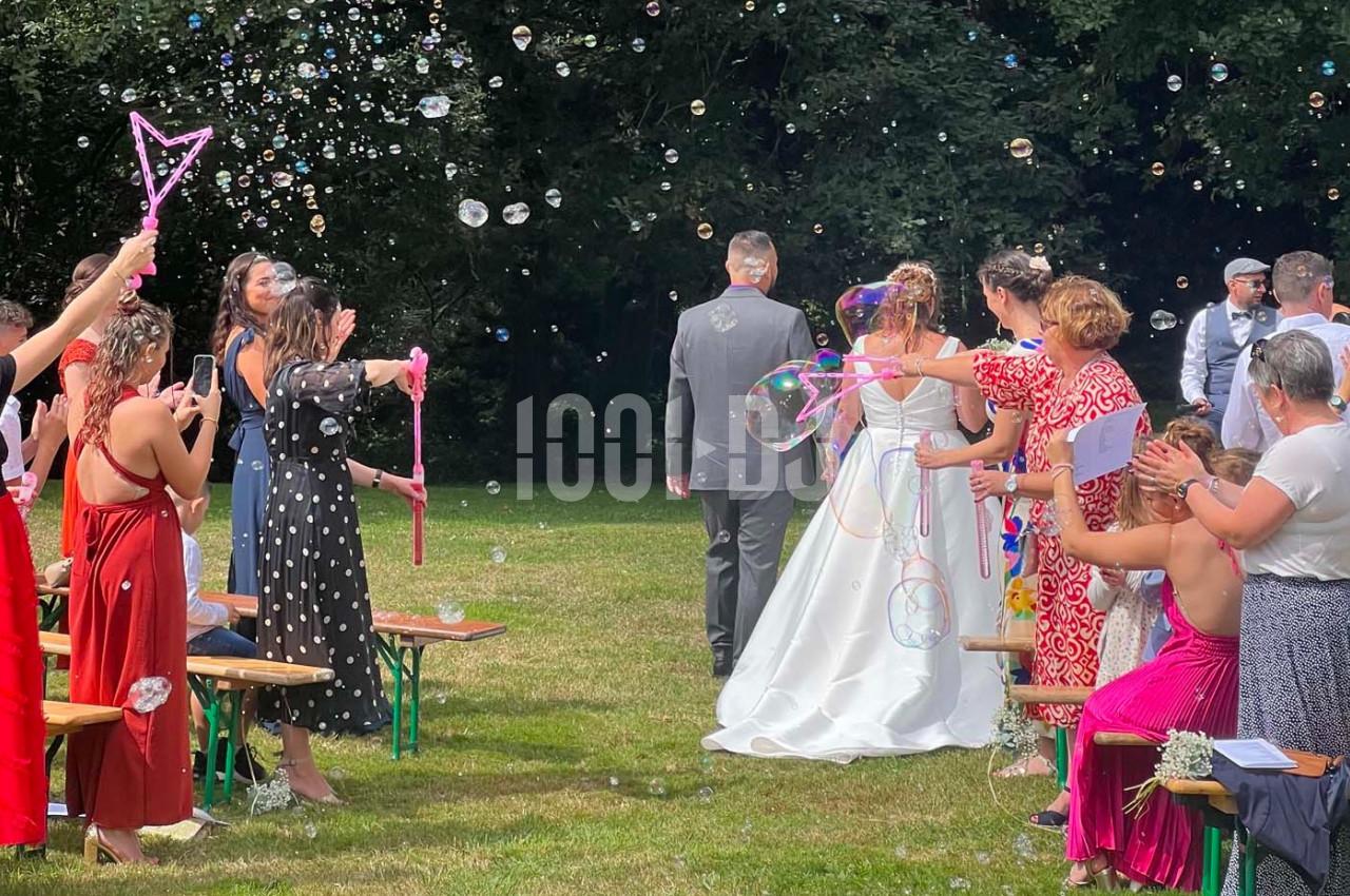Des invités soufflent des bulles de savon autour d'un couple en tenue de mariage avançant sur une pelouse.