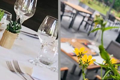 Miniature Location salle Mouscron (Hainaut) - Le Belvédère #19 Terrasse extérieure d'un restaurant avec des tables et chaises sur un sol en pierre, entourée de verdure et arbres.