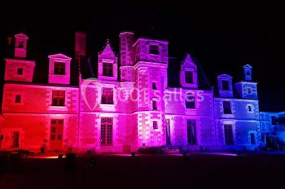 Miniature Location salle Vouvray (Indre-et-Loire) - Château de Jallanges #23 Façade d'un château illuminée par des lumières colorées rose et violette lors d'un événement nocturne.