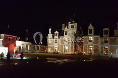 Miniature Location salle Vouvray (Indre-et-Loire) - Château de Jallanges #21 Façade d'un château illuminée par des lumières colorées rose et violette lors d'un événement nocturne.