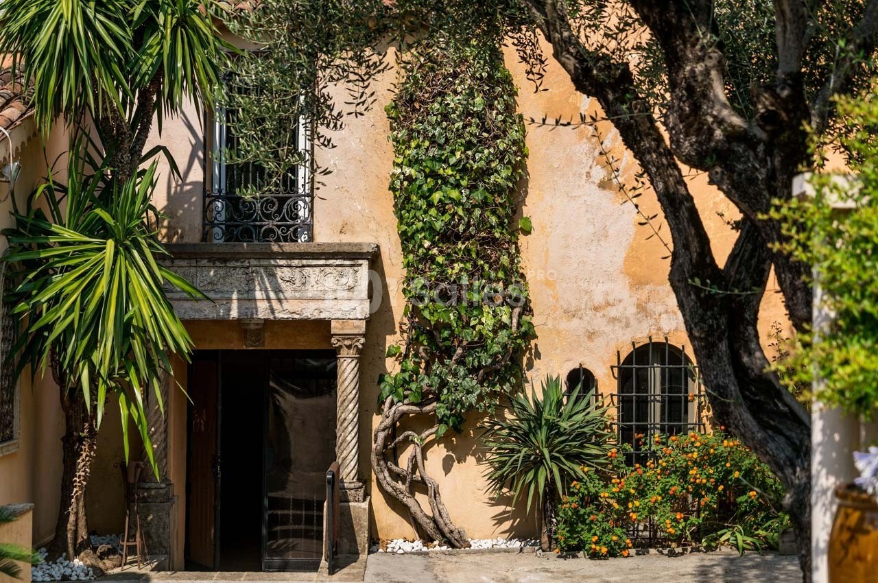 Entrée d'une maison méditerranéenne avec façade en pierre, plantes grimpantes et arbres ombrageant la cour.