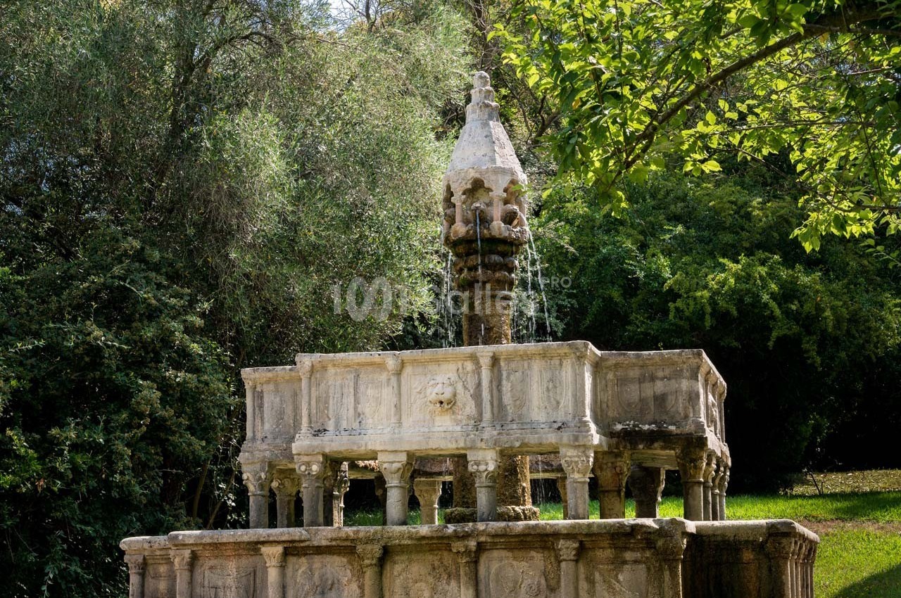 Fontaine en pierre ancienne entourée de végétation dense, avec des jets d'eau coulant depuis plusieurs niveaux.