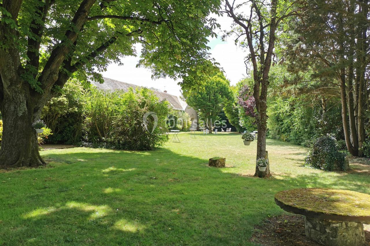 Location salle Villampuy (Eure-et-Loir) - Domaine de la Rainville #22 Jardin verdoyant avec pelouse, arbres ombrageants, buissons et une table en pierre, sous un ciel dégagé.