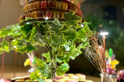 Miniature Location salle Voisins-le-Bretonneux (Yvelines) - La Ferme de Voisins #39 Table dressée avec des verres, couverts et serviettes, entourée de chaises colorées dans une salle lumineuse avec…