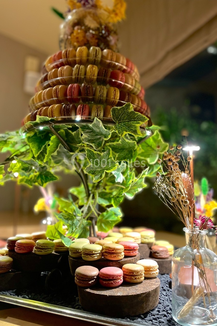 Tour de macarons colorés sur un présentoir décoré de feuillage, avec des fleurs séchées en arrière-plan.