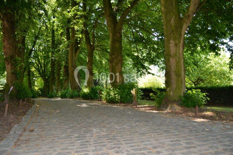 Location salle Brunehaut (Hainaut) - Le Clos de la Conciergerie #4 Allée pavée bordée d'arbres et de buissons dans un environnement verdoyant et ombragé.