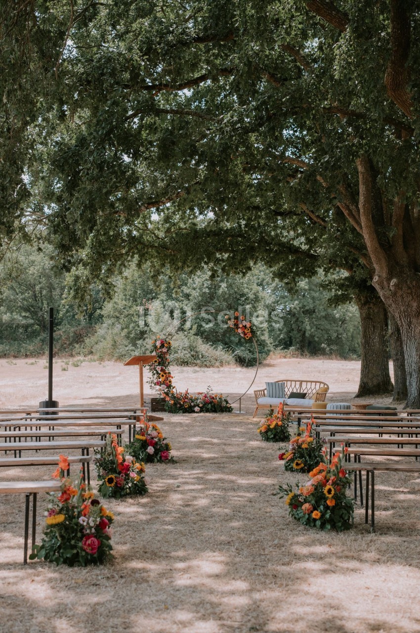 Allée décorée de fleurs colorées menant à un autel en plein air sous de grands arbres.