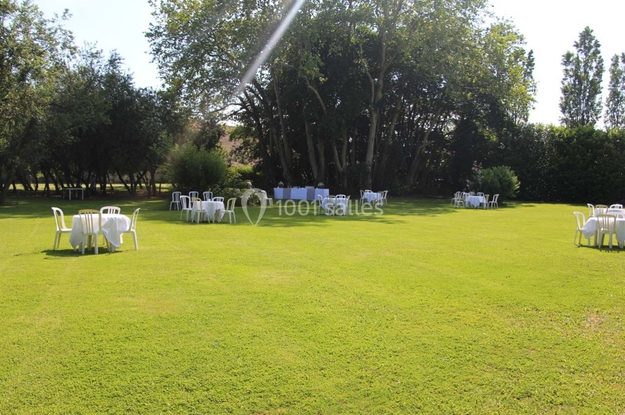 Chaises et tables blanches disposées sur une pelouse verte, entourées d'arbres sous un ciel dégagé.