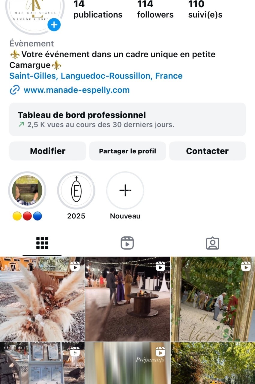 Page Instagram d'une manade en Camargue avec photos de paysages, événements et traditions locales.
