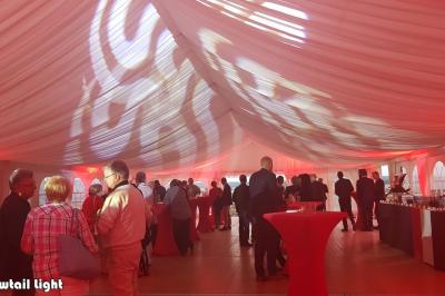 Miniature DJ L'Haÿ-les-Roses (Val-de-Marne) - Showtail Light #7 Cube lumineux coloré disposé sur une terrasse en soirée, près d'une tente blanche et d'une table dressée.