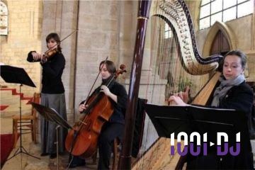 Miniature Trio cérémonie Une violoncelliste joue lors d'une cérémonie dans une église, entourée d'invités debout et de mariés à l'arrière-plan.