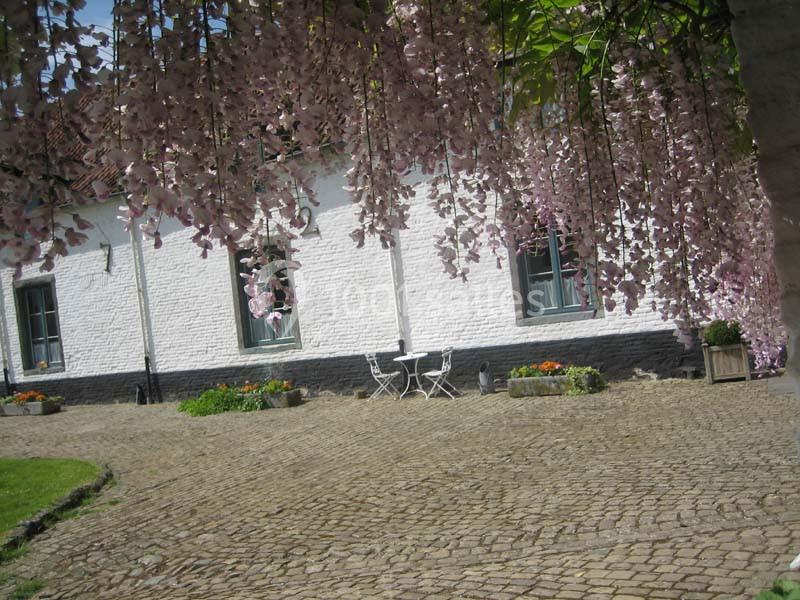 Location salle Court-Saint-Étienne (Brabant wallon) - Ferme de Beaurieux #6 Façade blanche avec fenêtres, terrasse pavée, table et chaises blanches, fleurs suspendues et jardinières colorées.