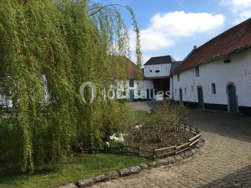 Location salle Court-Saint-Étienne (Brabant wallon) - Ferme de Beaurieux #12 Cour pavée entourée de bâtiments blancs traditionnels avec un saule pleureur au premier plan.