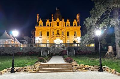 Miniature Location salle Saint-Saturnin-sur-Loire (Maine-et-Loire) - Château d'Arts #4 Façade d'un château avec terrasse en pierre, pelouses aménagées et arbres imposants sous un ciel partiellement nuageux.