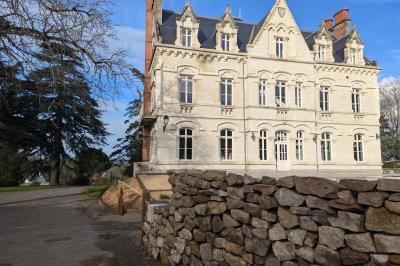 Miniature Location salle Saint-Saturnin-sur-Loire (Maine-et-Loire) - Château d'Arts #14 Façade d'un château avec terrasse en pierre, pelouses aménagées et arbres imposants sous un ciel partiellement nuageux.