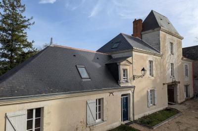 Miniature Location salle Saint-Saturnin-sur-Loire (Maine-et-Loire) - Château d'Arts #15 Façade d'un château avec terrasse en pierre, pelouses aménagées et arbres imposants sous un ciel partiellement nuageux.