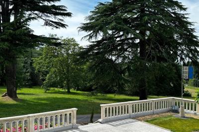 Miniature Accès au parc par la terrasse Façade d'un château avec terrasse en pierre, pelouses aménagées et arbres imposants sous un ciel partiellement nuageux.