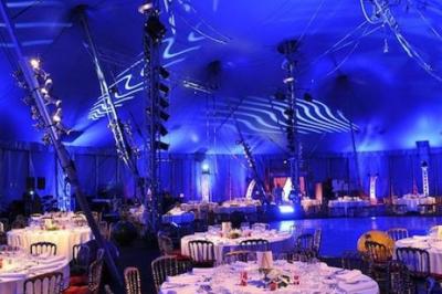 Miniature Animson #3 Portraits scintillants de deux figures célèbres réalisés en paillettes sur des panneaux noirs, exposés sur une scène.