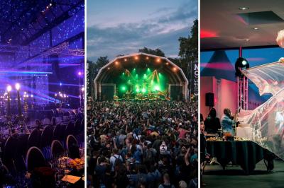 Miniature Animson #8 Portraits scintillants de deux figures célèbres réalisés en paillettes sur des panneaux noirs, exposés sur une scène.