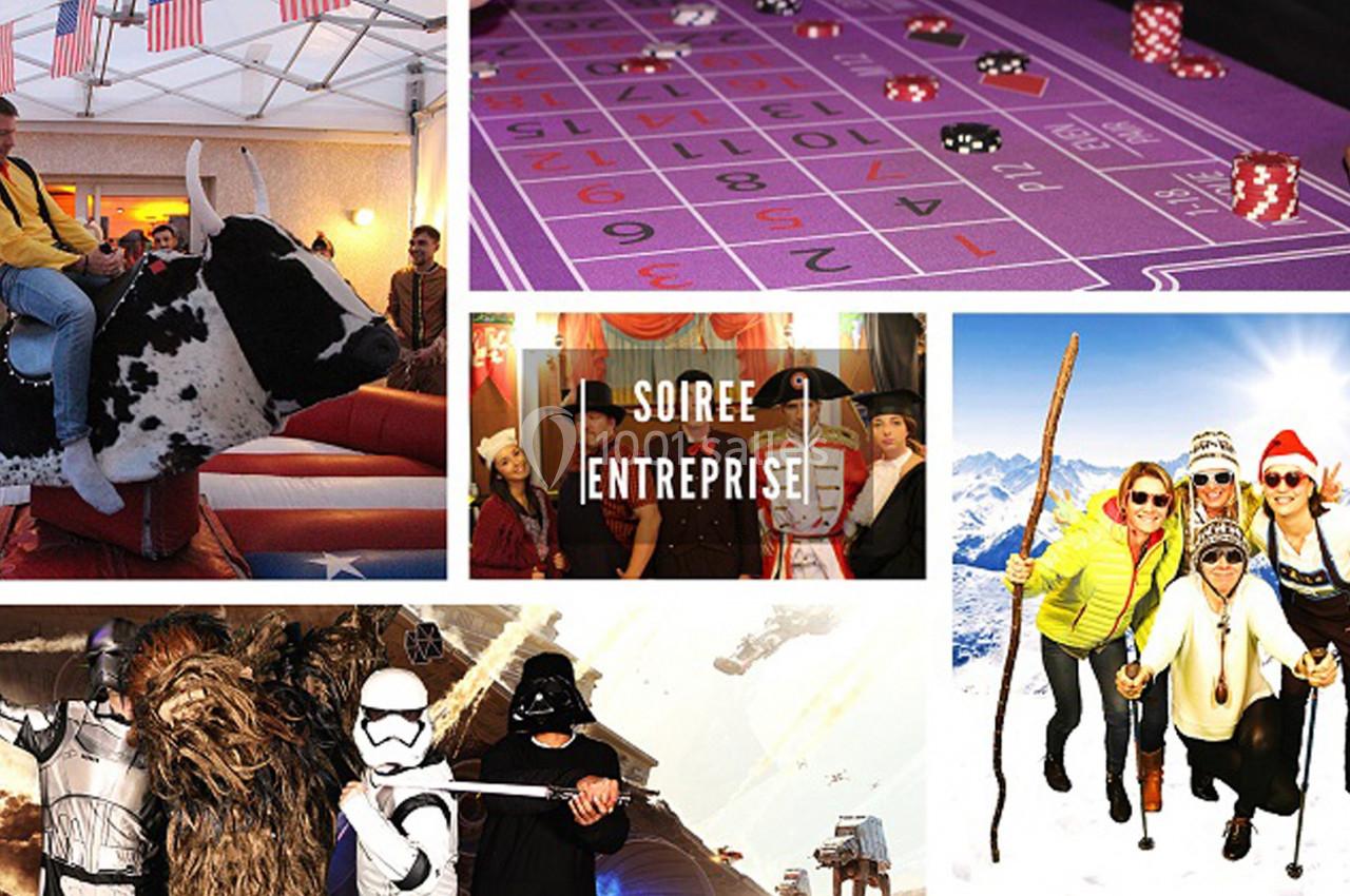 Montage d'activités festives incluant rodéo mécanique, casino, déguisements et photo en montagne enneigée.