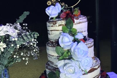 Homme concentré cuisinant en extérieur sur une plancha, entouré de végétation sous un ciel nuageux.