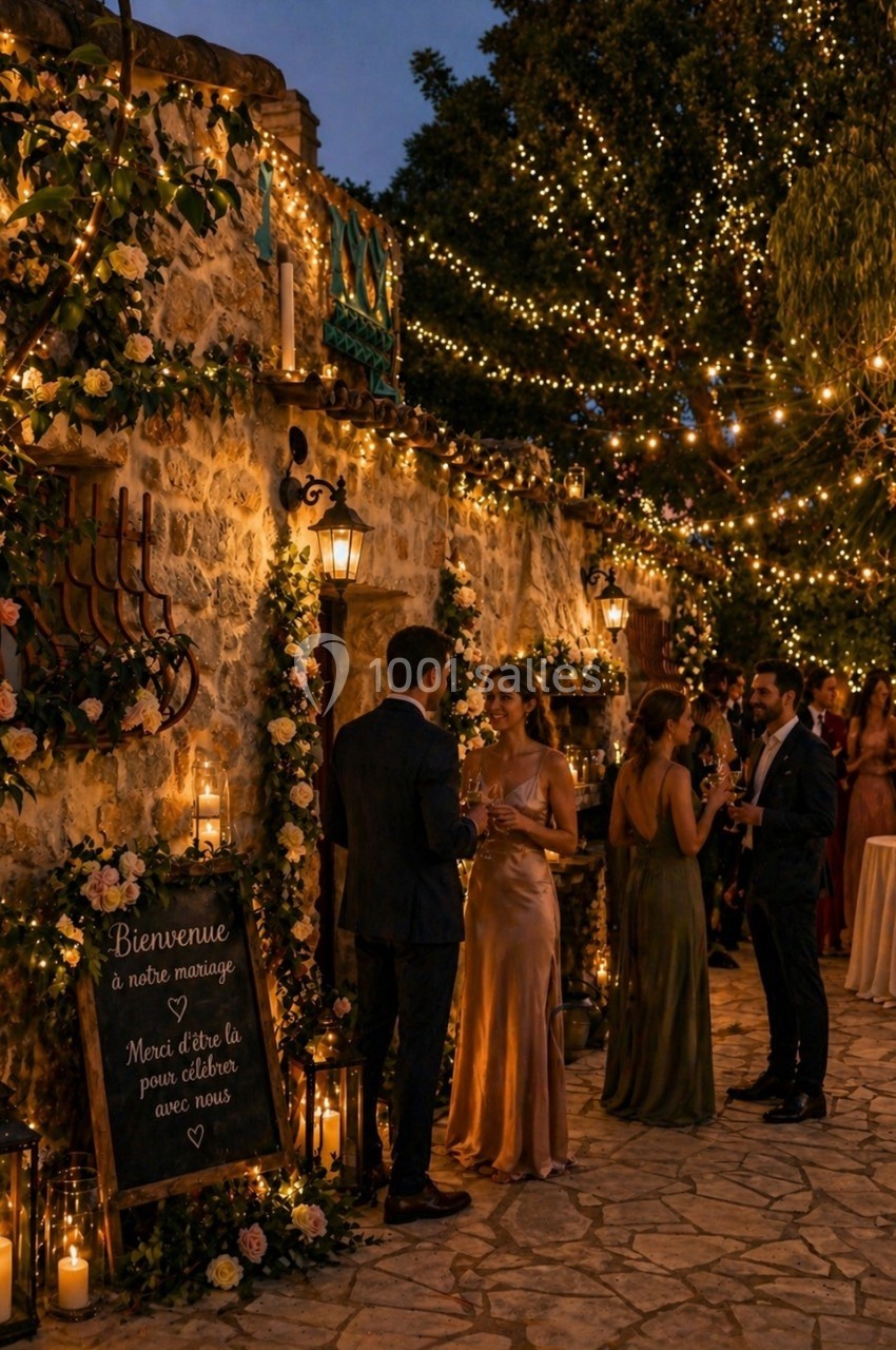 Invités discutant dans une cour éclairée par des guirlandes lumineuses lors d'une réception de mariage en soirée.