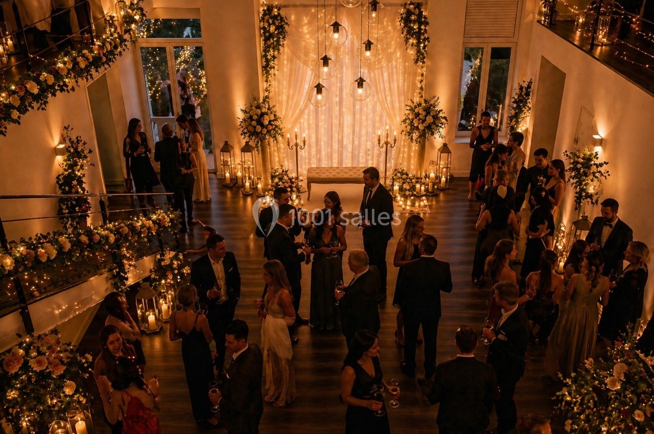 Salle décorée avec des lumières et des fleurs, accueillant des invités en tenue de soirée lors d'un événement festif.