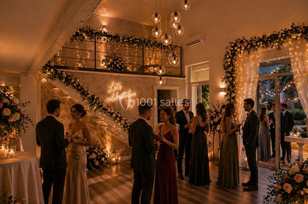 Salle élégamment décorée pour une réception, avec invités en tenue de soirée discutant sous des lumières tamisées.