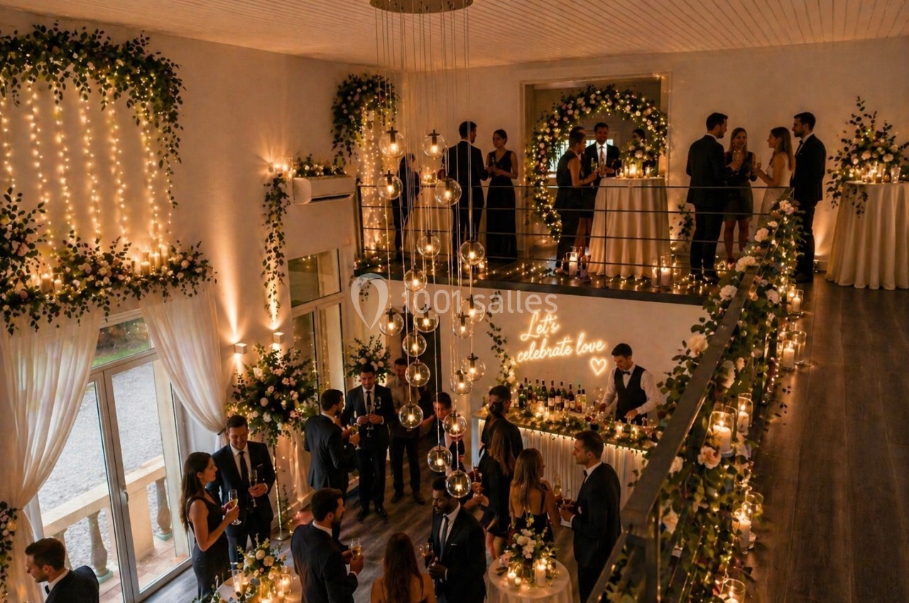 Salle de réception décorée de guirlandes lumineuses et de fleurs, avec des invités discutant sur deux niveaux.