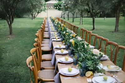 Miniature Votristoire #23 Table en bois longue dressée en extérieur, ornée de fleurs, citrons et vaisselle, entourée d'arbres et de verdure.