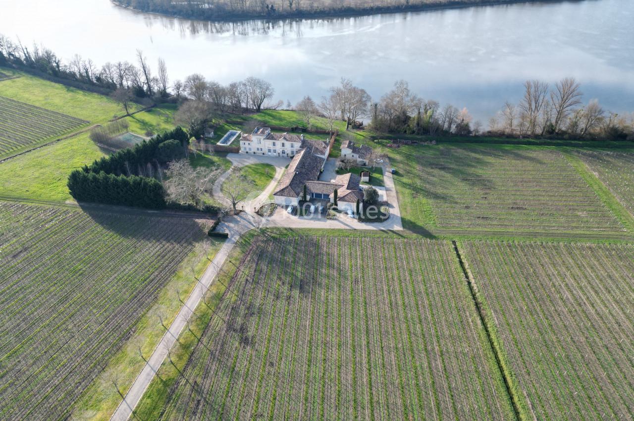 Vue aérienne d'un domaine viticole avec bâtiments, vignobles et rivière en arrière-plan, entourés de verdure.