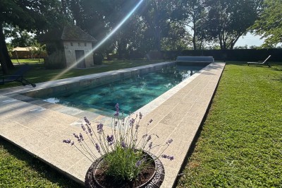 Miniature Location salle Arveyres (Gironde) - Château Larteau #27 Façade d'une grande maison en pierre claire avec volets bleus, entourée d'un jardin et d'une allée gravillonnée.