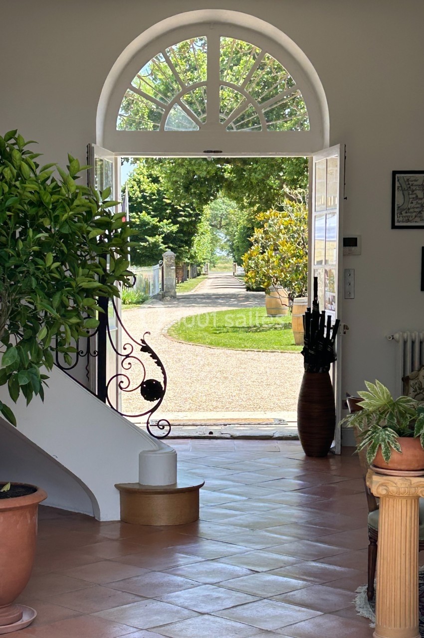 Vue depuis un intérieur lumineux sur une allée bordée de verdure, encadrée par une porte ouverte en arche.