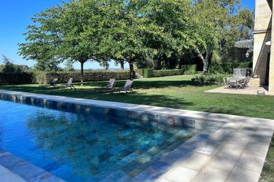 Vue d'un jardin verdoyant avec un arbre central, un escalier en pierre et un lac au coucher du soleil.